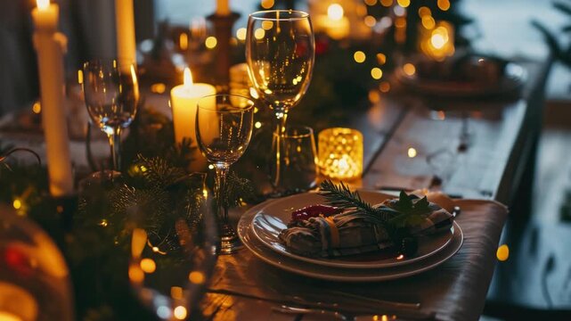 A table with a white plate and a candle on it. There are also wine glasses and forks on the table