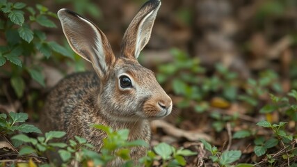 Fototapeta premium A brown rabbit with long ears sits attentively among lush green foliage and dried leaves in a natural forest setting, alert and observing its surroundings.