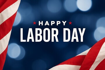 Happy Labor Day Text with American Flag Border and Festive Blue Bokeh Background