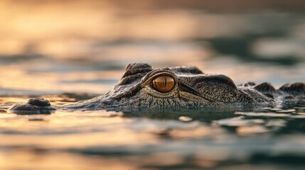 Obraz premium Crocodile peeking out of water at sunset