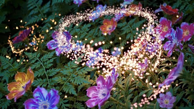 Aerial view of vibrant flowers with a magical, sparkling circle effect. The enchanting style evokes a fantasy video game scene. Live desktop wallpaper.