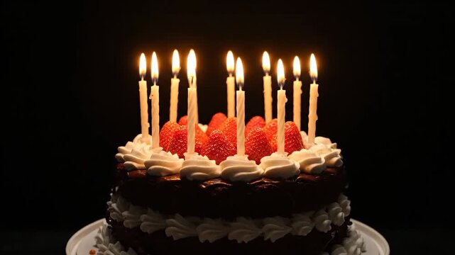 Festive Birthday Cake with Candles - A two-tiered chocolate cake, adorned with white frosting swirls and fresh strawberries, is illuminated by the warm glow of multiple lit candles.
