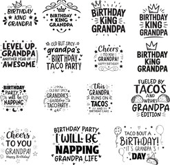 Fototapeta premium A collection of hand-drawn, black and white typography designs featuring birthday wishes and humorous sayings for grandpas, all isolated on a white background.