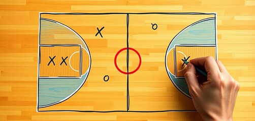 Hand draws X's and O's on basketball court diagram,  drawing,   tactical diagram