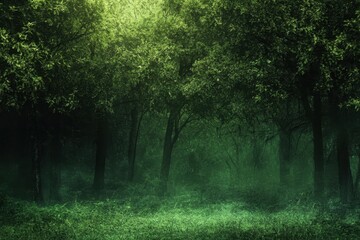 Obraz premium Lush green forest landscape illuminated by soft sunlight filtering through the trees