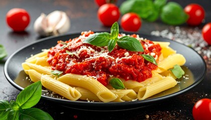 Pasta Dish: Penne with Tomato Sauce, Fresh Basil, and Parmesan Cheese
