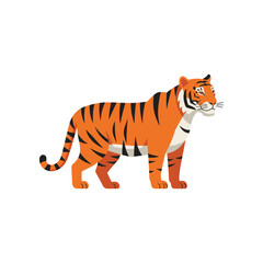 A vibrant and stylized illustration of a majestic orange tiger with black stripes standing confidently on a white background