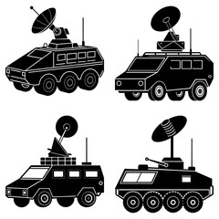 Illustration showing four military vehicles with satellite dishes in a black and white minimalist design style