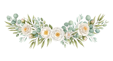 Delicate watercolor floral garland with white roses and green eucalyptus foliage for wedding invitations isolated PNG with Transparent Background