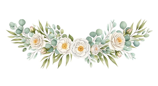 Delicate watercolor floral garland with white roses and green eucalyptus foliage for wedding invitations isolated PNG with Transparent Background