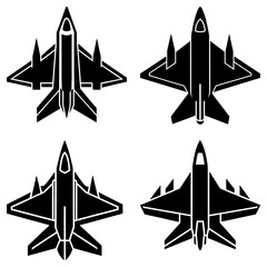 Four stylized black fighter jet icons arranged in a square formation on a white background view from above