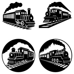 Four black and white train illustrations in various styles and compositions on a white background image art