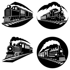 Illustration set featuring vintage steam trains with carriages and smoke in various graphic compositions