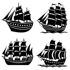 Silhouette illustration of four sailing ships with multiple masts and billowing sails on a white backdrop