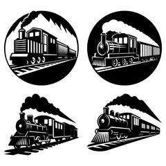 Four monochrome train illustrations with steam and carriages on tracks in various circular and angled views