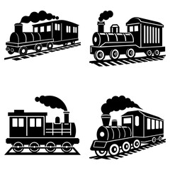 Four black and white train engine silhouettes with smoke on tracks in various orientations