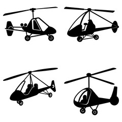 Silhouette illustration featuring four distinct autogyros arranged on a white background in a simple layout