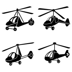 Four stylized helicopters with rotors and landing gear in black and white illustration style design