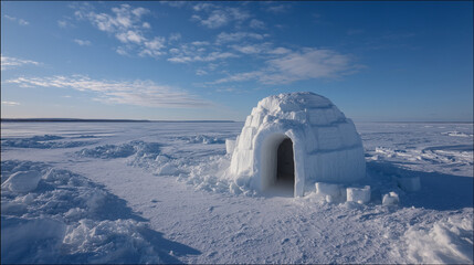 Construction d'un igloo sur une large étendue de glace sous un ciel ensoleillé