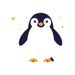 Adorable cartoon penguin standing upright with cute blushing cheeks and bright orange feet on a light blue background with subtle stars