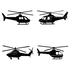 Four black silhouette illustrations of helicopters with rotor blades on a white isolated background view