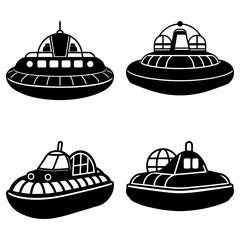 Illustration of four different black and white hovercrafts with unique cabin designs and details shown