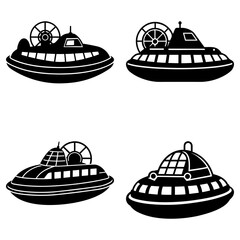 Four hovercrafts with different designs and details in black and white vector illustration style image