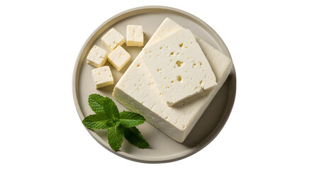 Fresh white cheese blocks and cubes with mint leaves on a round plate. isolated PNG with Transparent Background