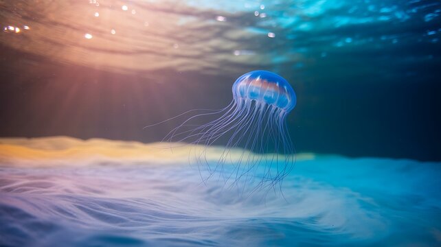 Graceful Blue Jellyfish Drifting Through Sunlit Ocean Waters, ai-generated - Powered by Adobe
