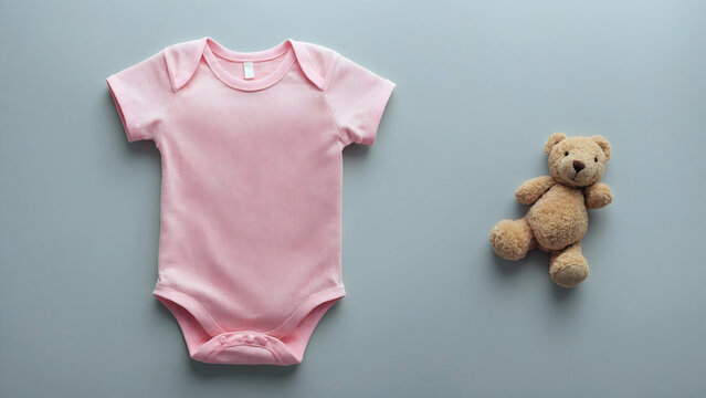 A child's pale pink onesie beside a small teddy bear on a smooth azure surface, evoking warmth and gentleness