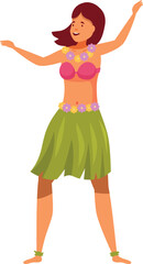 Young woman dancing hula, wearing traditional hawaiian costume with flower garlands and green skirt, celebrating polynesian culture