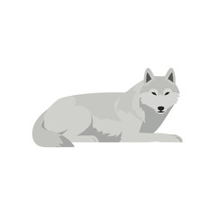A minimalist illustration of a light gray wolf lying down with its head up looking forward on a white background