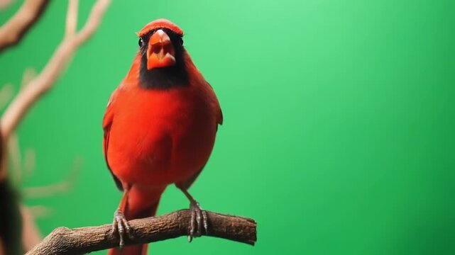 Vibrant cardinal perched on branch against green backdrop