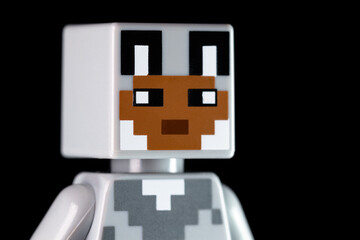 Naklejka premium Side view of LEGO Minecraft character with rabbit face mask on the black background