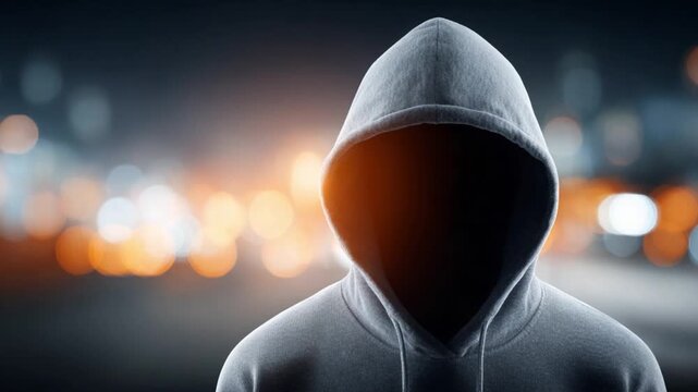 The Enigmatic Silhouette: A mysterious figure shrouded in a hooded sweatshirt emerges from the darkness, their identity concealed against a backdrop of blurred city lights.