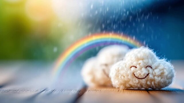 Rainbow Smiles and Sunshine: A cheerful scene unfolds, featuring a vibrant rainbow arching over fluffy, smiling cloud companions, evoking feelings of happiness and positivity.