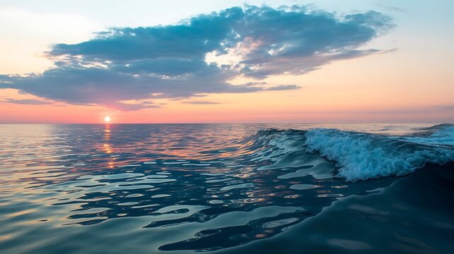 Serene Ocean Sunset With Rolling Waves Reflecting The Beautiful Sky, ai-generated