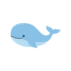 Obraz premium Adorable cartoon blue whale with a friendly smile and flippers swimming in the ocean on a white background