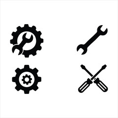 Set of four black icons representing tools and gears symbolizing mechanics repair and construction concepts