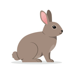 A cute brown rabbit with long ears and pink inner ears sitting attentively on a white background illustration