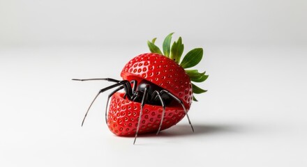 A dangerous black widow spider hiding inside a ripe red strawberry, a surreal and minimalist concept of hidden danger on a clean white background.