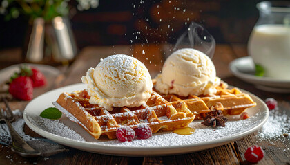 Vanilla ice cream served with waffles dusted with powdered sugar in elegant brunch setup