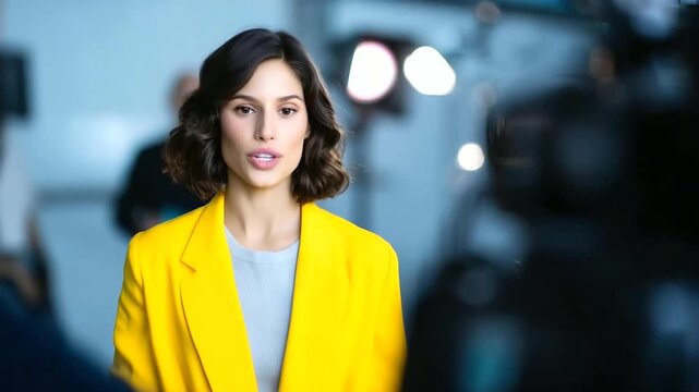 Woman in bright suit giving interview on film set with crew recording, concept of media and broadcasting woman bright suit interview, film set crew recording, media 