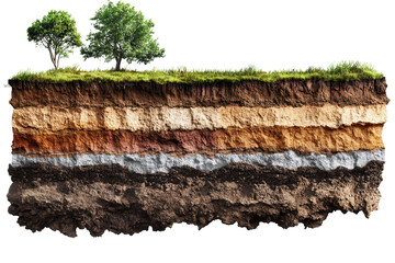 Detailed cross section of unstable soil layers shows multiple strata with tree tops above ground level featuring various colors and textures alongside exposed roots