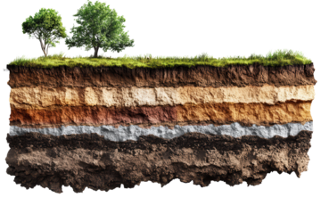 Detailed cross section of unstable soil layers shows multiple strata with tree tops above ground level featuring various colors and textures alongside exposed roots
