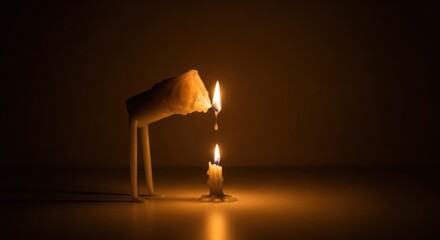A surreal anthropomorphic candle with legs melts to give its flame and wax to a smaller candle, symbolizing mentorship, sacrifice, and legacy.