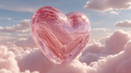 Crystal heart floating in pastel clouds