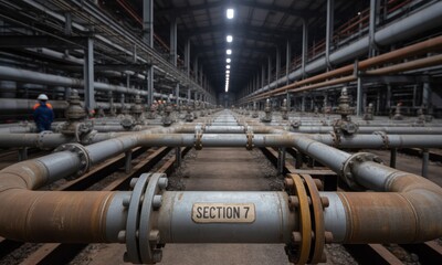 Industrial interior, long corridor of gray metal pipes and valves