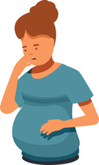 Pregnant woman feeling worried and anxious, touching her belly and mouth with her hand