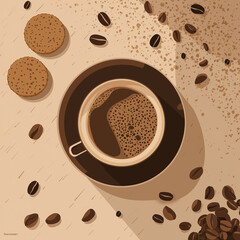 Obraz premium Coffee cup with cookies and coffee beans on wooden table 